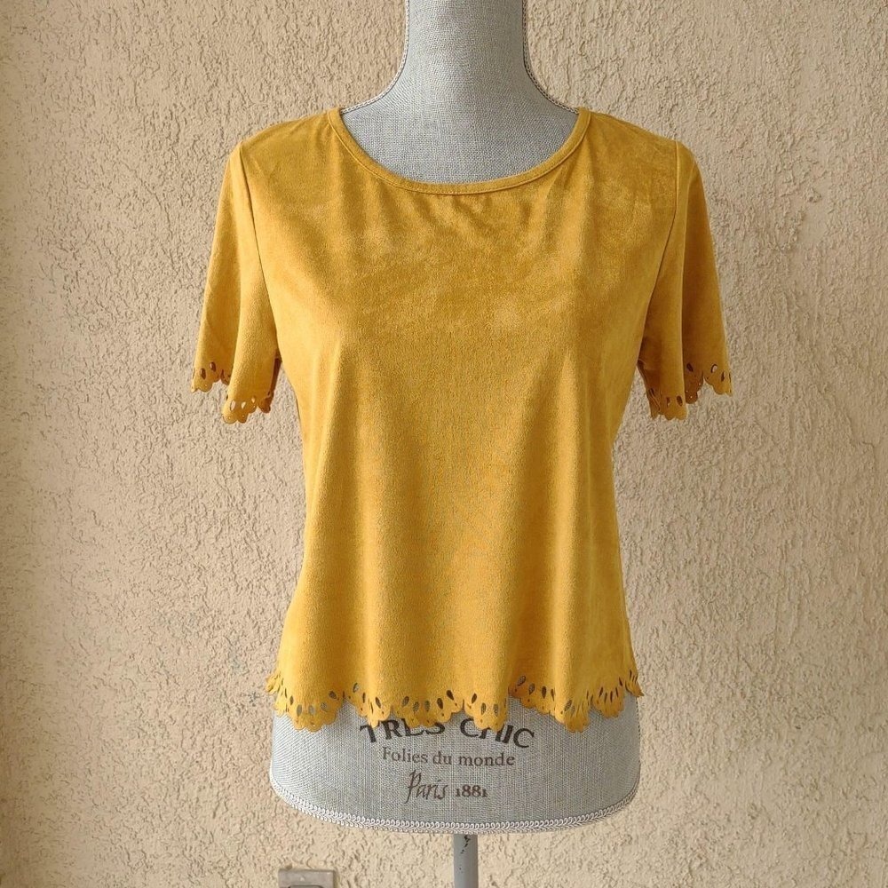 Boutique Western Boho Faux Suede Mustard Yellow Top Shirt Juniors Large - Picture 2 of 7